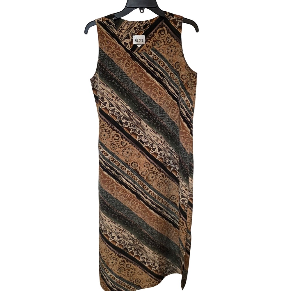 Vintage 90s Maren Sleeveless V-Neck Midi Dress Earth Tone Mixed Floral Geometric